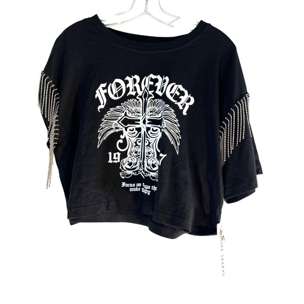Orange Kiss Graphic Tee Crop Rhinestones Concert Festival Forever 1987 Focus on